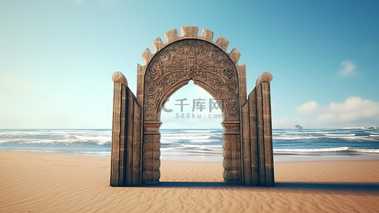 木制城堡背景图片_海边沙滩上带有中世纪拱门的深色木制城堡门的 3D 渲染