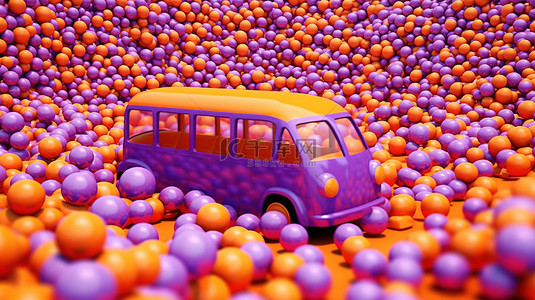 充满活力的紫色背景与 3D 渲染的橙色巴士和俏皮的彩色球