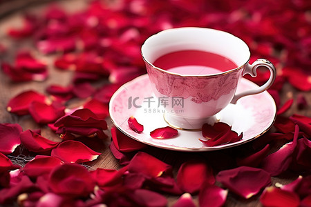 红色花瓣表面的茶杯和碟子