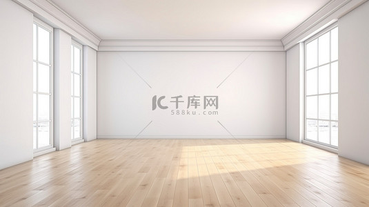 白色墙壁和木地板的宽敞房间的最佳 3D 渲染的简单性