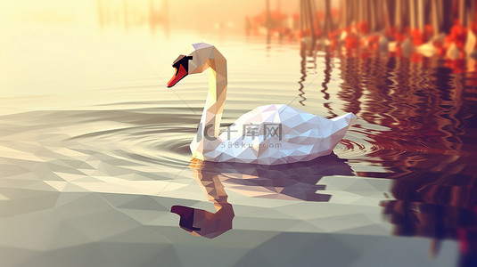 白色浪漫背景图片_漂浮在芦苇湖中的简约天鹅 3d 低聚艺术品