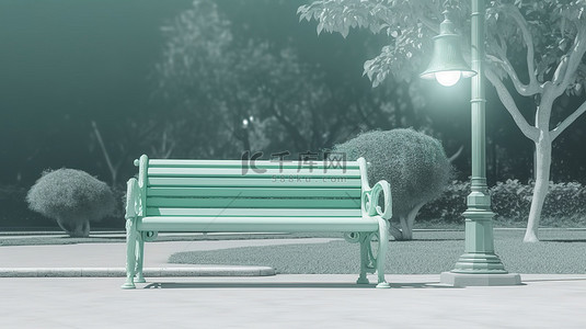 3D 渲染中的老式公园长椅和单色柔和的绿色路灯