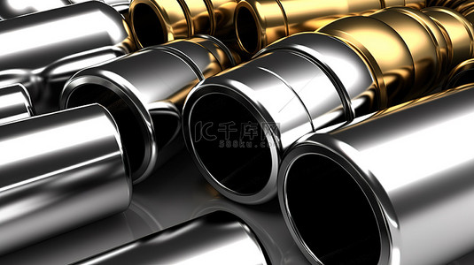 防煤气背景图片_3D 渲染中闪亮金属管集合的插图