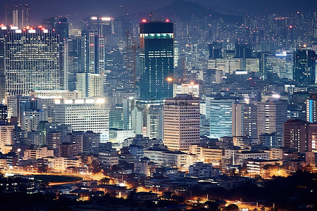 首尔市内高楼林立，夜晚可见