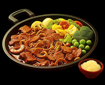 炒猪肉背景图片_盛有肉西兰花和其他蔬菜的平底锅