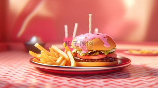 带剪贴板的粉红色 3D 盘子上的美味汉堡和薯条