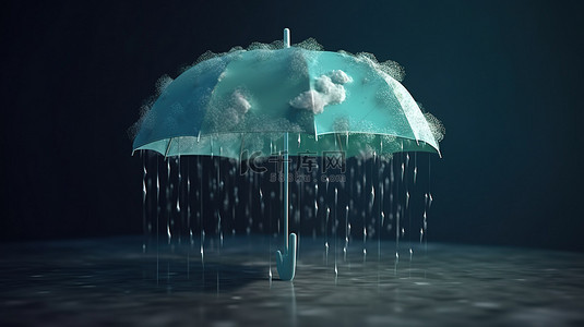 雨季背景雨云下雨伞的 3D 渲染，带有文本空间