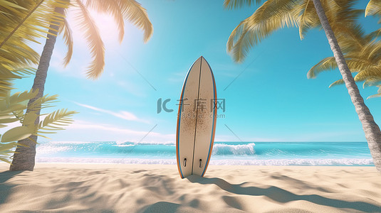 优雅风景背景图片_令人惊叹的夏季海滩 3D 渲染，配有冲浪板沙滩和优雅的棕榈树
