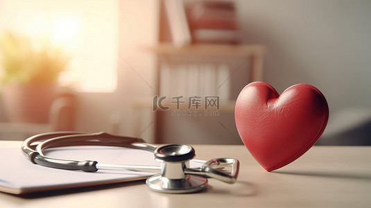 带有心脏和听诊器的医疗日历的 3D 插图用于预约