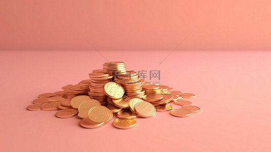 粉红音乐会背景图片_粉红色 3D 背景下的一堆金币