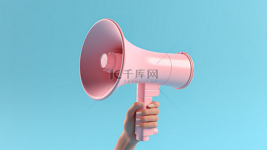 销售女人背景图片_蓝色背景下手持亮粉色扩音器的 3D 插图，象征着引人注目的营销和销售理念