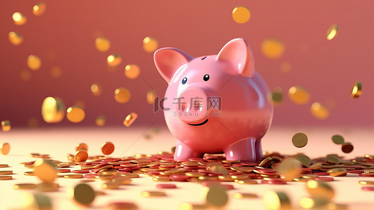 翻倒的草莓背景图片_粉红色存钱罐翻倒的 3D 渲染，硬币落在黄色背景上，非常适合省钱概念
