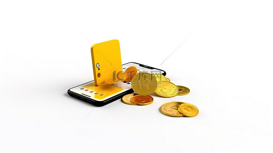 3D 渲染孤立的白色背景，具有金币黄色电话和信用卡