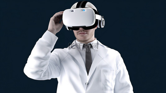 耳机背景图片_戴着 VR 耳机的医生的 3D 渲染图像，带来身临其境的体验