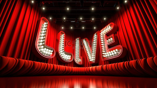 3D 充满活力的红色剧院幕布上闪烁着“live”字样