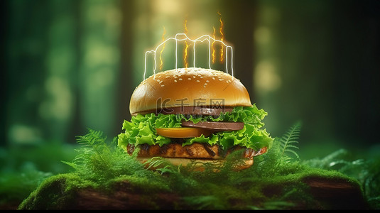 带免费 wifi 的汉堡店具有 3d 森林形状信号符号的创意概念