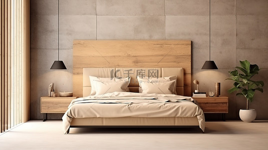 温暖舒适的米色卧室，配有木质床头板和别致的阁楼隔断 3D 渲染