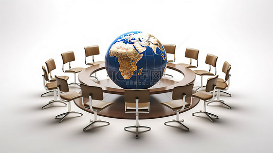 商务课程安排背景图片_3D 渲染中创建的白色背景的面向全球的商务会议地球仪和圆形座位安排