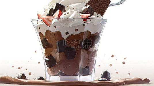 冰淇淋卡通背景背景图片_白色背景上巧克力顶牛奶 bingsu 刨冰的卡通风格 3D 渲染