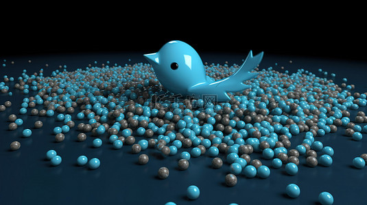 3d 的 Twitter 徽标放置在充满活力的蓝色背景上，周围环绕着大量有光泽的 Twitter 胶囊