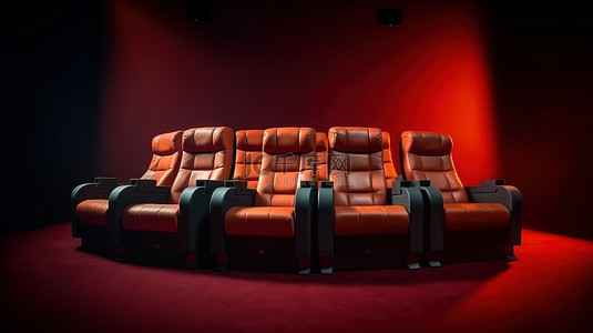 单独的电影院座位放置在红地毯上，配有电影票，可实现完美的电影之夜 3D 渲染
