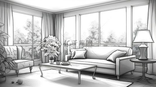 房子房间平面背景图片_客厅的 3D 插图，配有沙发桌吊灯，透过大窗户可欣赏壮观的自然景观