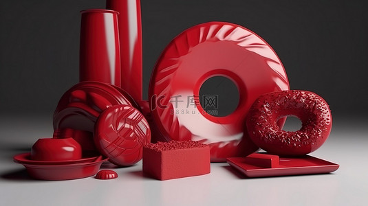 糖果背景图背景图片_单色红色塑料风格糖果 3d 图标的甜甜圈和蛋糕片