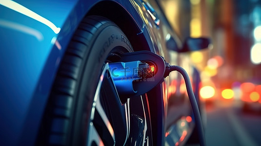 3D 渲染现代汽车充电，在电动汽车充电端口插入 ev 电缆
