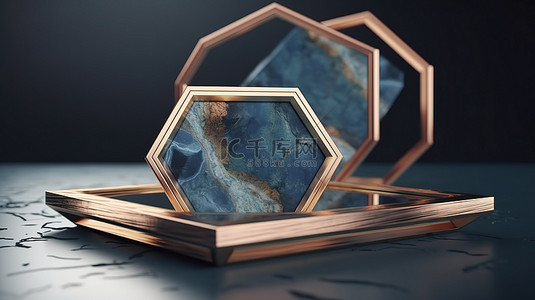 蓝金大理石背景图片_3d 渲染中的铜框六角蓝色大理石和木材抽象形状