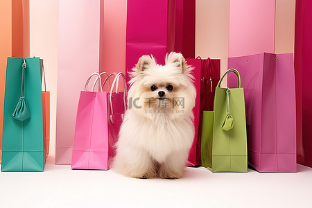 一只小狗看着几个彩色购物袋