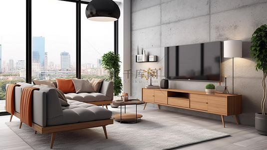 斯堪的纳维亚风格的客厅配有灰色沙发 3D 渲染电视流媒体系列