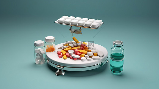 药品医疗健康背景图片_平衡药品和财务白色背景上的 3d 插图