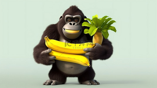 机智的 3D 大猩猩举着牌子和零食
