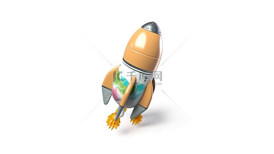 卡通星球太空背景图片_白色背景下绕地球运行的卡通火箭的 3d 渲染