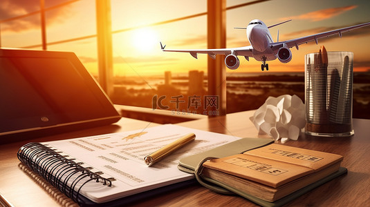平面旅行背景图片_高效的旅行计划使用 3D 渲染的手提箱和日历在线预订机票