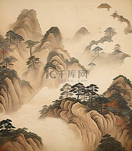 亚洲文化背景图片_一幅亚洲绘画，背后有树木和山脉