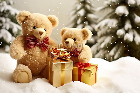 两只泰迪熊拿着圣诞礼物和树