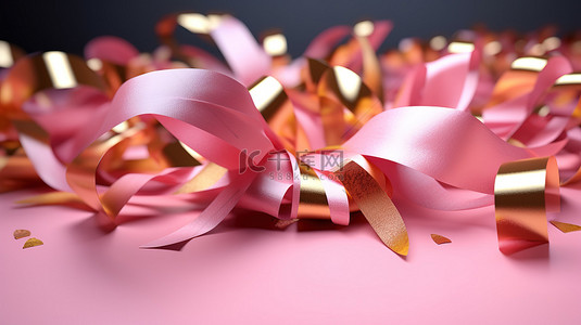 丝带装饰背景图片_粉色和金色丝带装饰的 3D 渲染