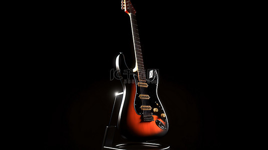 音乐图标背景图片_带支架的 3D 渲染中的电吉他和音乐图标