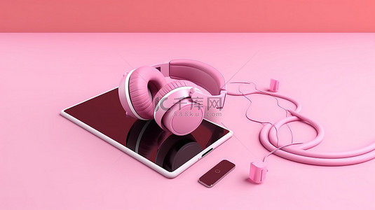 带耳机和播放器的 3d 渲染音乐应用程序在充满活力的粉红色背景中