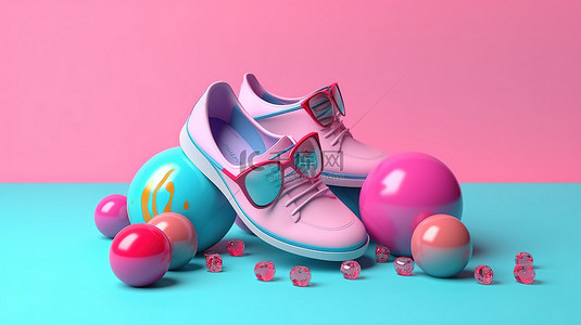 充满活力的粉色溜冰鞋和眼镜，周围环绕着蓝色背景 3D 渲染的彩色球