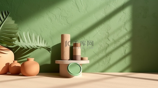 简单的化妆品背景，绿色纹理墙上有自然阴影 3D 渲染插图