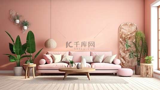 背景墙粉色背景图片_波西米亚风格客厅内部背景中粉色沙发和咖啡桌的 3D 渲染