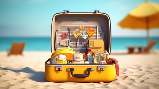 旅行主题插画背景图片_夏季海滩主题黄色手提箱的 3D 渲染，为旅行和旅游而打开