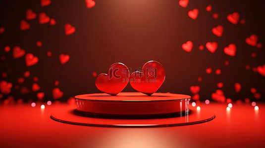两颗红心背景图片_讲台上两颗红心的节日 3D 渲染，用于抽象情人节背景