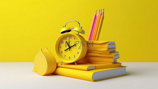 闹钟学习背景图片_黄色闹钟的教育主题 3D 描绘，附有书籍铅笔和堆栈，用于模拟表示