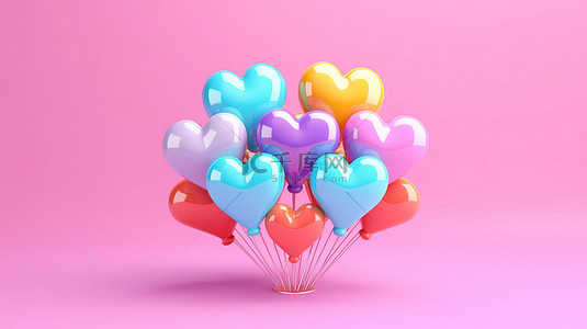 气球粉红色背景图片_快乐的心形气球在色彩缤纷的生日场景中，粉红色背景 3D 渲染水平横幅