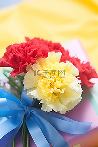 蓝色礼盒背景图片_蓝色礼盒中的黄色康乃馨花