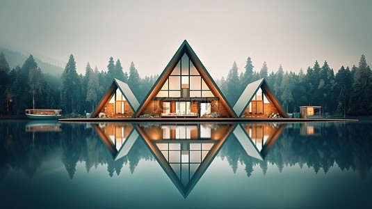 黑色建筑背景背景图片_森林湖的 3D 插图，具有独特的露营三角形房屋设计