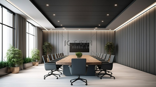 桌面空间背景图片_现代会议空间配有时尚的灰色桌子木制橱柜和板条墙 3D 渲染